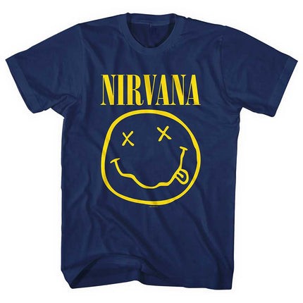 Nirvana Rock Band Unisex Yellow Happy Face Smiley Cotton Short Sleeves Tee Shirt Navy