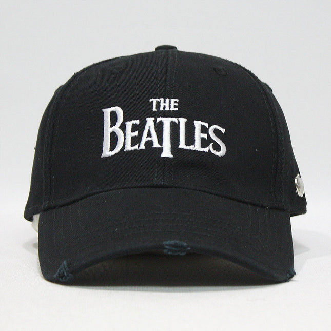 The Beatles Classic Drop T Logo Black Distressed Adjustable Baseball Cap