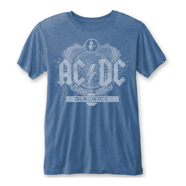 AC/DC Unisex Fashion Black Ice Burn Out Tee Shirt Mid Blue