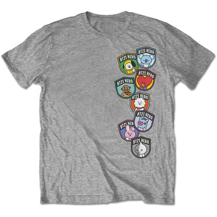 BTS BT21 Unisex Cotton Crew Neck Short Sleeves T Shirt - Badges - Gray