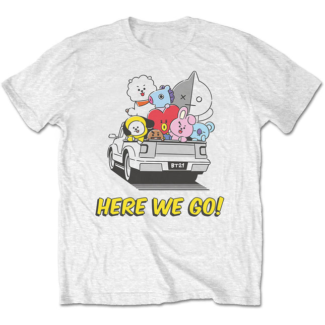 BTS BT21 Unisex Cotton Crew Neck Short Sleeves T Shirt - Here We Go - White
