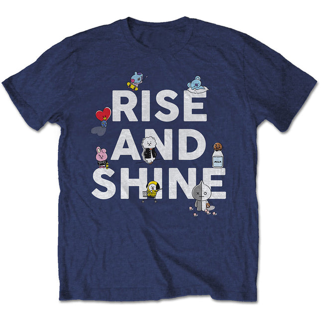 BTS BT21 Unisex Cotton Crew Neck Short Sleeves T Shirt - Rise And Shine - Navy Blue