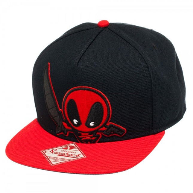 Marvel Kawaii Deadpool Embroidered Black/Red Flat Brim Adjustable Snapback Baseball Cap