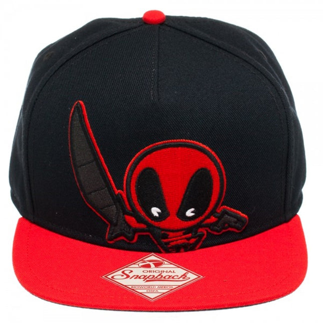 Marvel Kawaii Deadpool Embroidered Black/Red Flat Brim Adjustable Snapback Baseball Cap