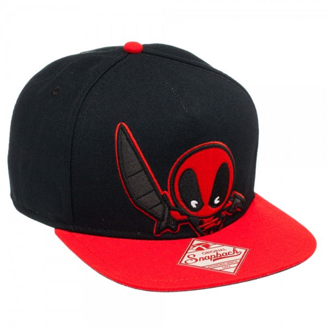 Marvel Kawaii Deadpool Embroidered Black/Red Flat Brim Adjustable Snapback Baseball Cap